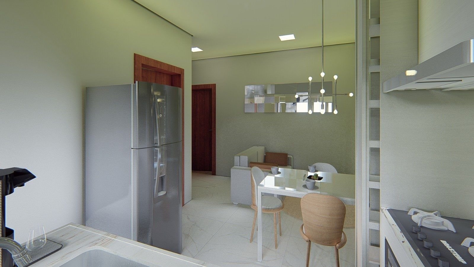 Perspectiva ilustrativa de cozinha com mesa de jantar
