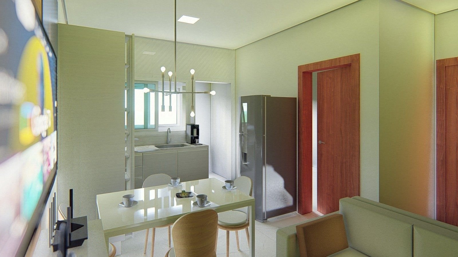 Perspectiva ilustrativa de cozinha e sala de um apartamento
